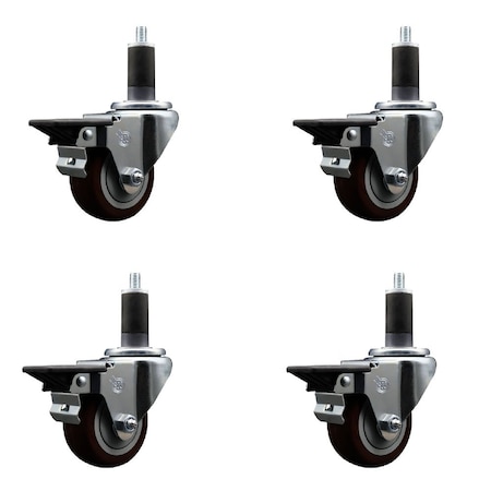 Service Caster 3'' Maroon Poly Swivel 1-1/4'' Expanding Stem Caster Set with Brake, 4PK SCC-EX20S314-PPUB-MRN-PLB-114-4